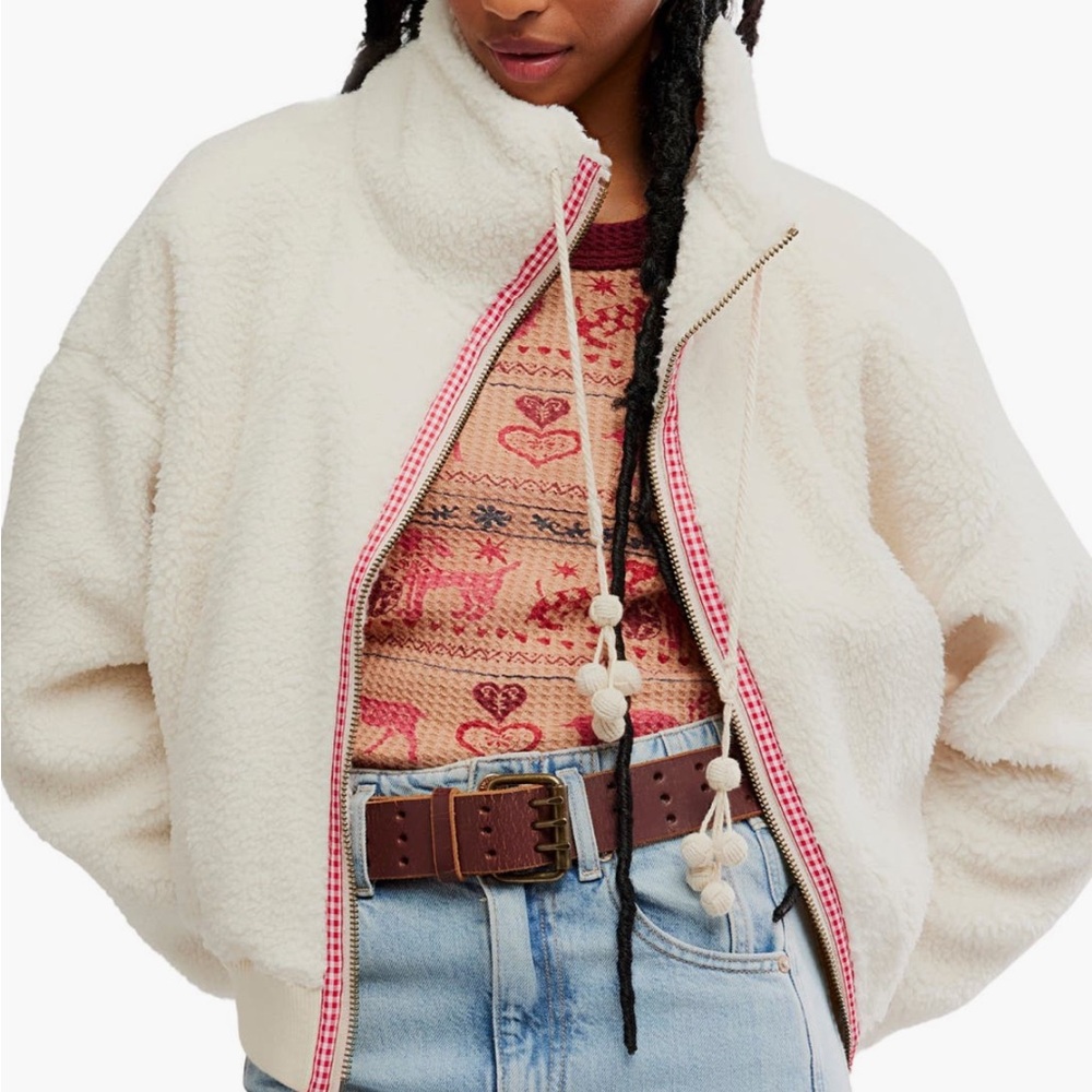 Free People Alpine Sherpa Jacket White/Red Trim Size XL New with Tags $168 MSRP